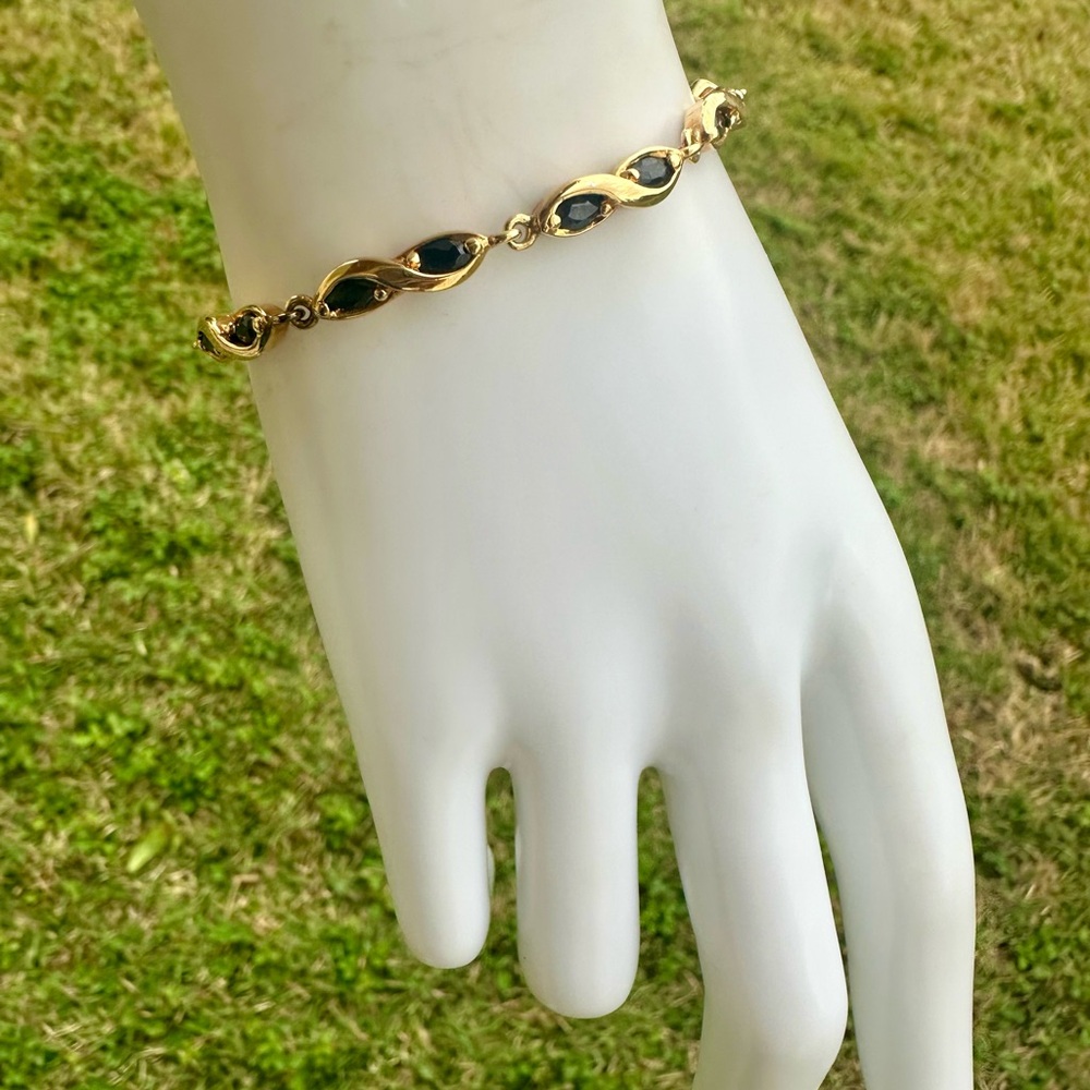 Gold tone Sterling Silver 925  Bracelet  Onyx Marquise Cut stone 6.5" long